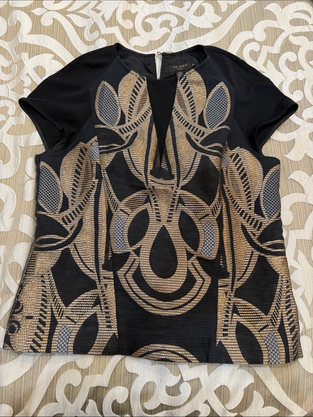 Ted Baker Black Top with Metallic Gold Geometric Print TB2 US 4-6